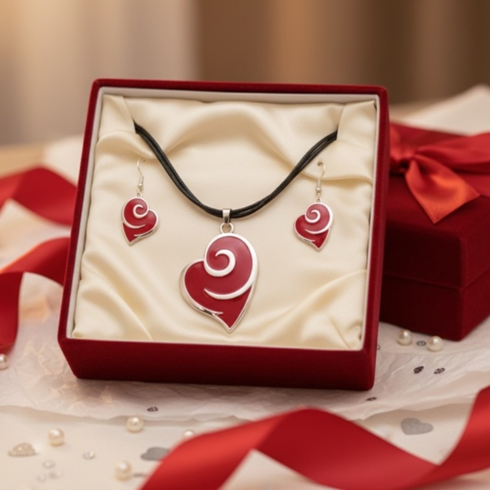 Womens Red Sliver Heart Pendant Necklace‎ Earring Set - Picture 3 of 5